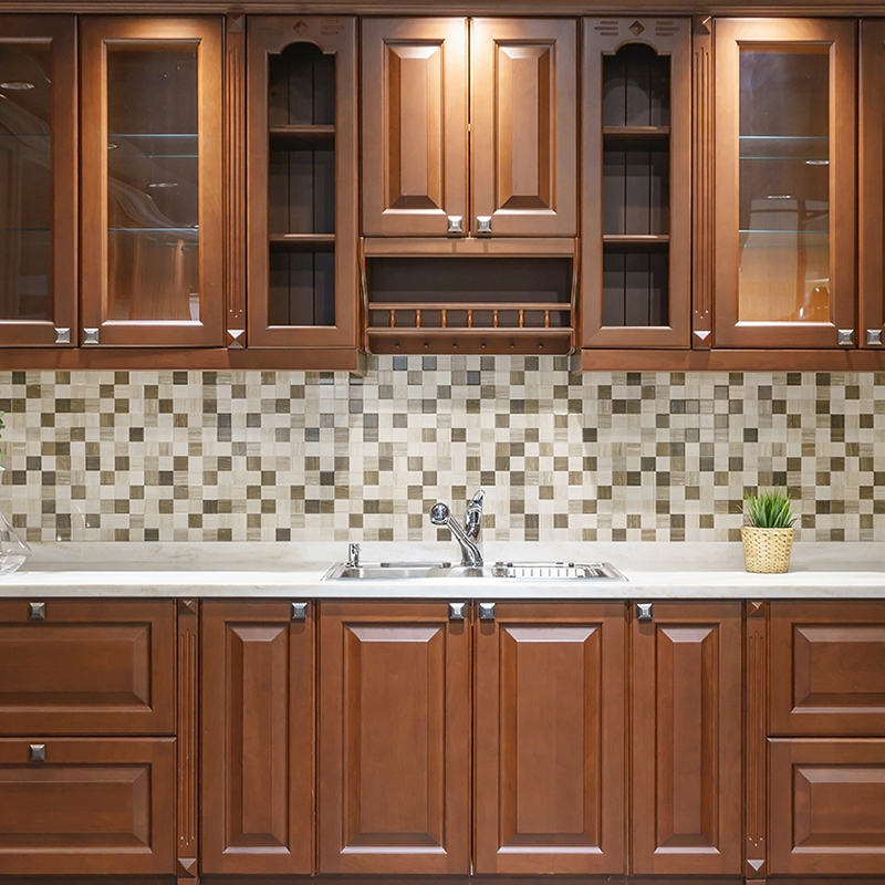 home kitchen interior with wood cabinets